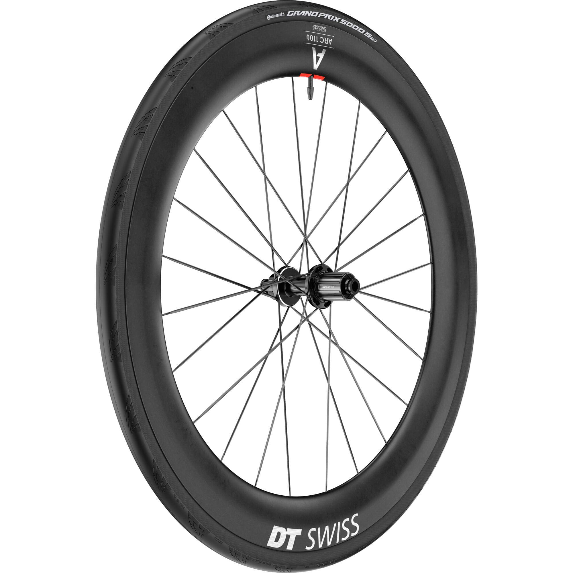 DT Swiss ARC 1100 DICUT carbon clincher rear wheel with 65x22mm rim and disc brake, showcasing sleek aerodynamic design