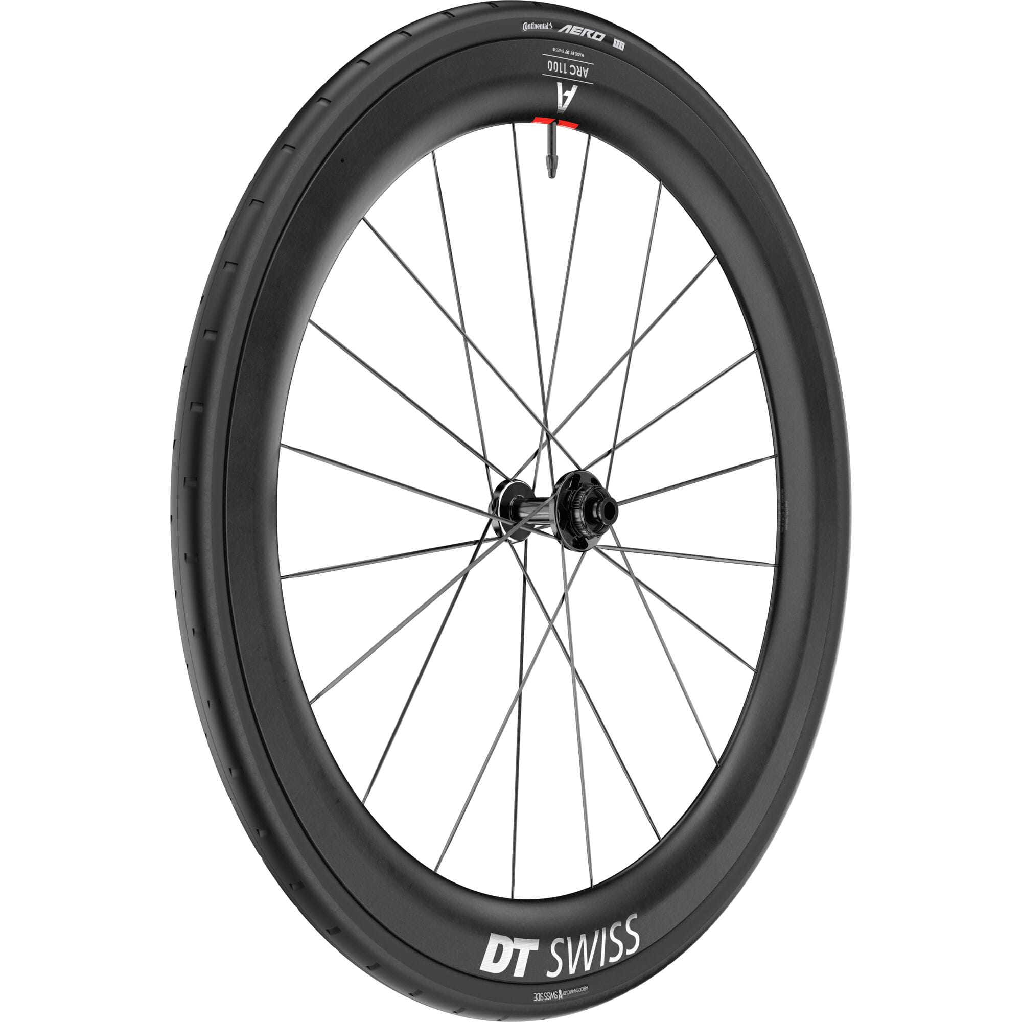 DT Swiss ARC 1100 DICUT front disc brake wheel with carbon clincher rim and tire, featuring 55x22mm dimensions.