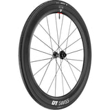 DT Swiss ARC 1100 DICUT front disc brake wheel with carbon clincher rim and tire, featuring 55x22mm dimensions.