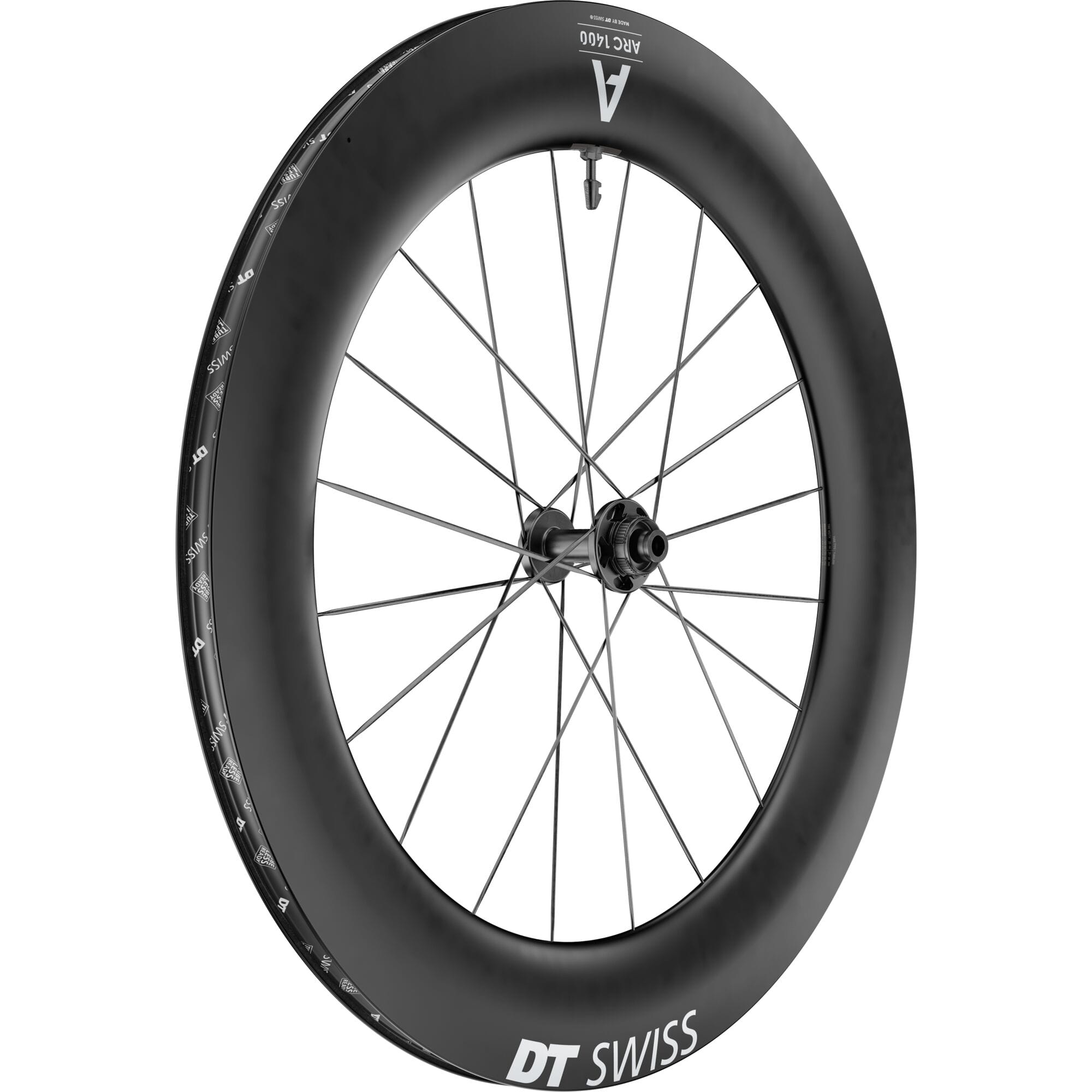 DT Swiss ARC 1400 DICUT front disc brake wheel with lightweight carbon clincher rim and 85x22mm profile for high-performance cycling.