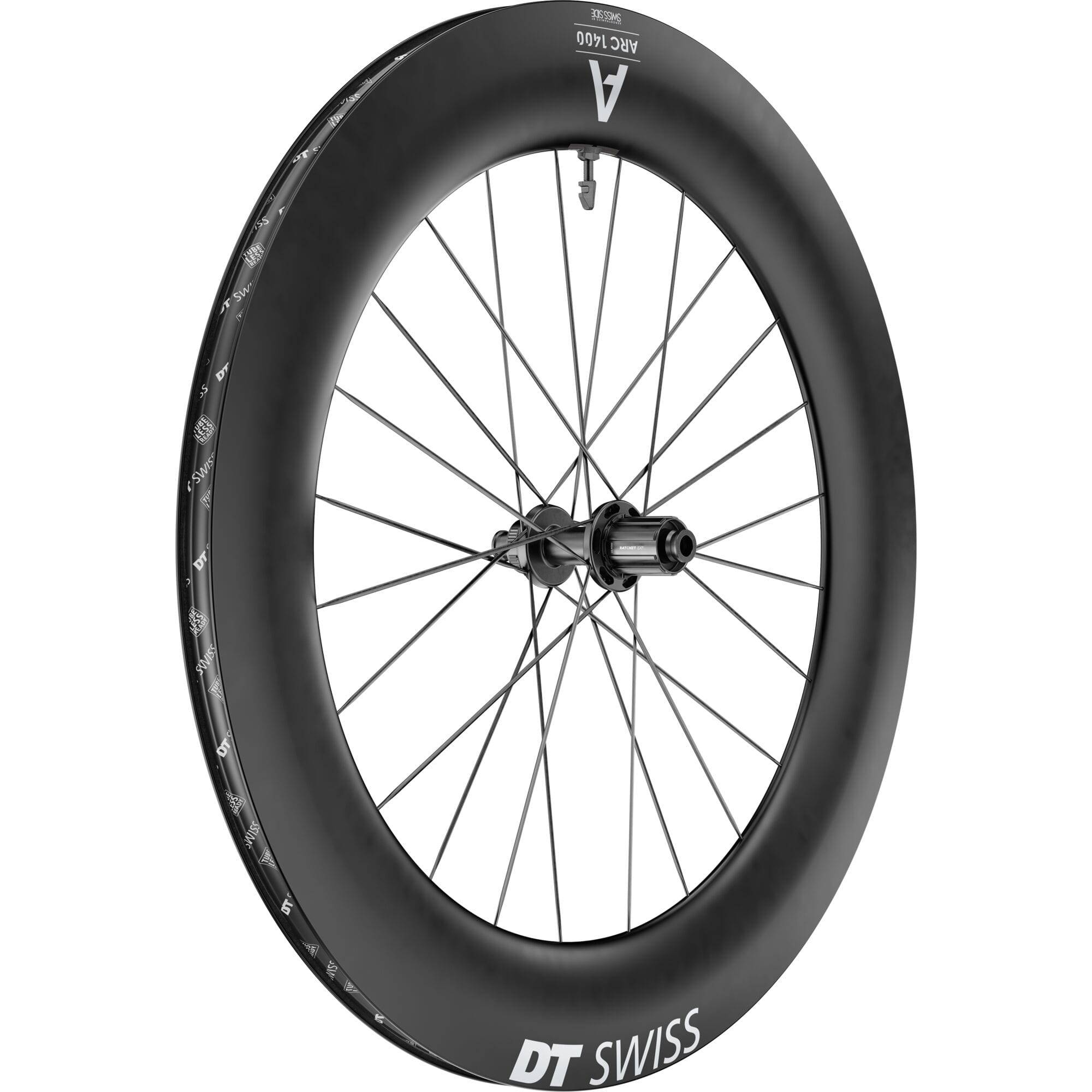 DT Swiss ARC 1400 DICUT rear carbon clincher disc brake wheel with 85x22mm rim, mounted on a bicycle, showing sleek aerodynamic design.