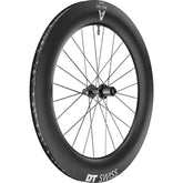DT Swiss ARC 1400 DICUT rear carbon clincher disc brake wheel with 85x22mm rim, mounted on a bicycle, showing sleek aerodynamic design.