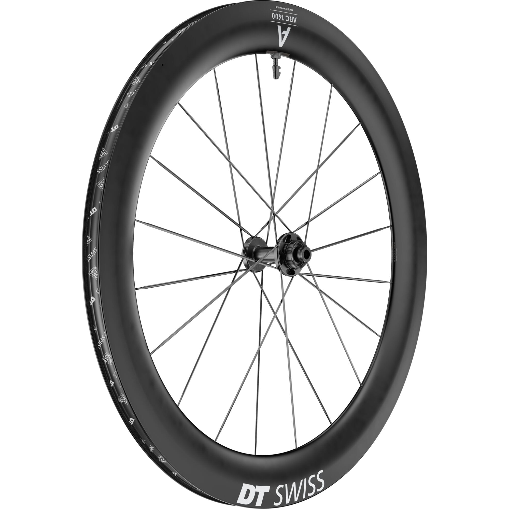 DT Swiss ARC 1400 DICUT front disc brake wheel with carbon clincher rim, 65x22mm, for high-performance cycling.