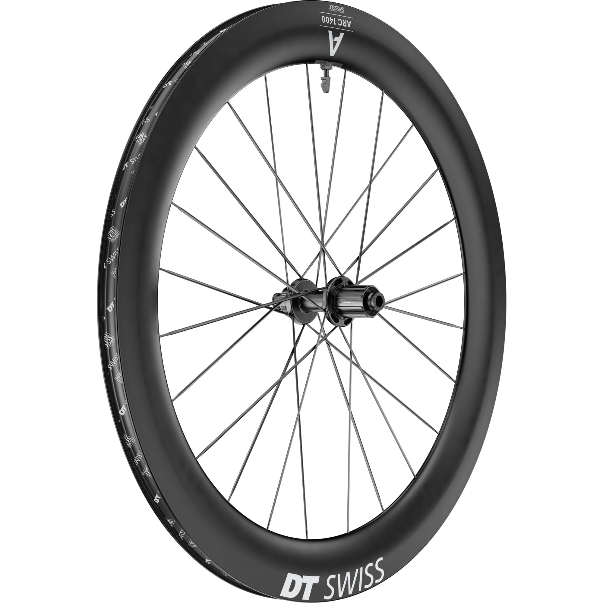 DT Swiss ARC 1400 DICUT rear carbon clincher disc brake wheel with 65x22mm rim, showing the sleek design and disc brake compatibility.