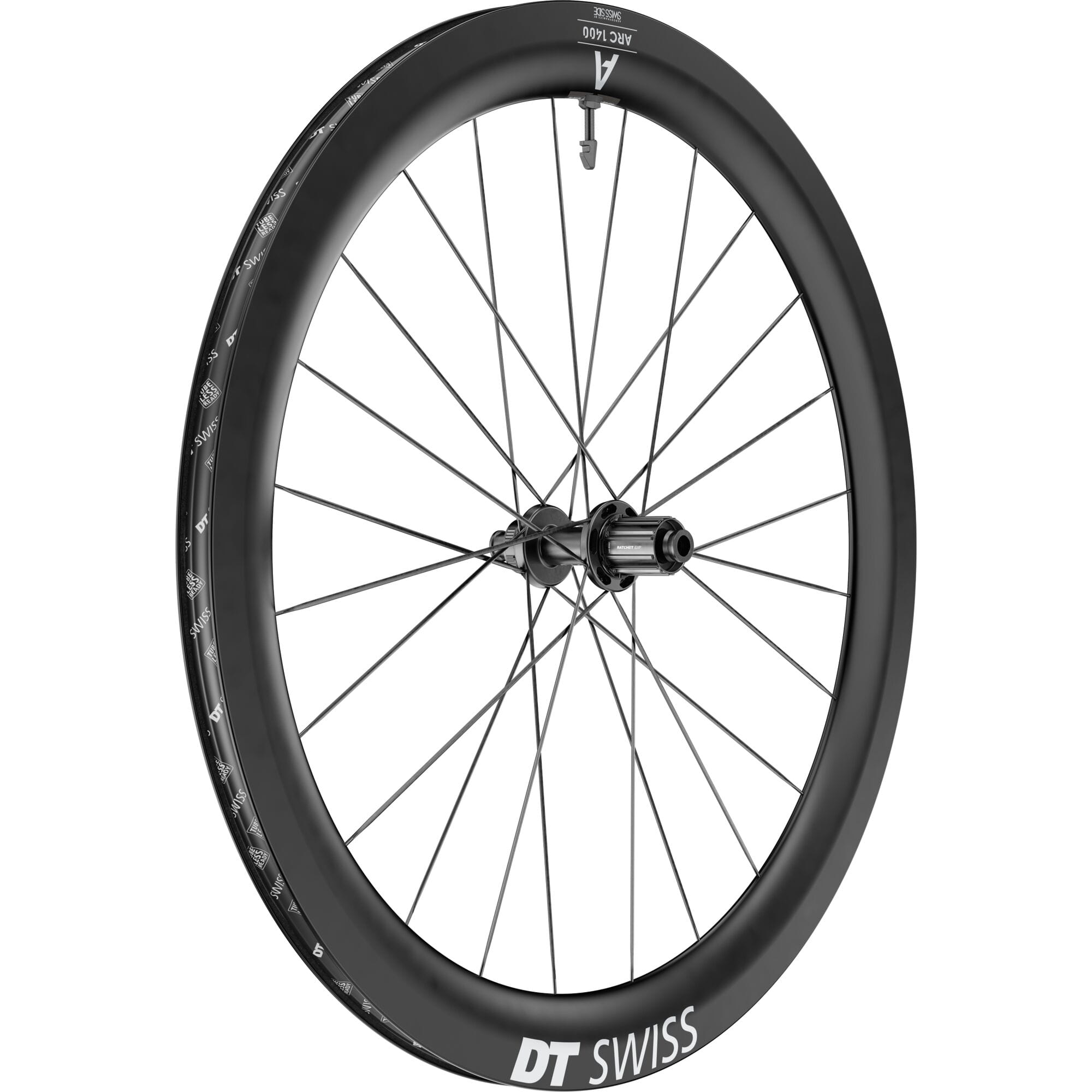 DT Swiss ARC 1400 DICUT rear disc brake wheel with 700c carbon clincher rim, 55x22mm profile, suitable for road cycling.