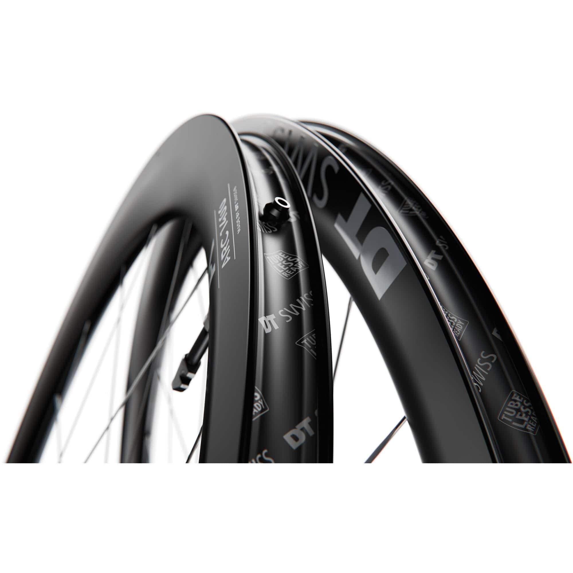 DT Swiss ARC 1400 DICUT rear carbon clincher disc brake wheel with 65x22mm rim, showing the wheel's carbon rim and disc brake setup
