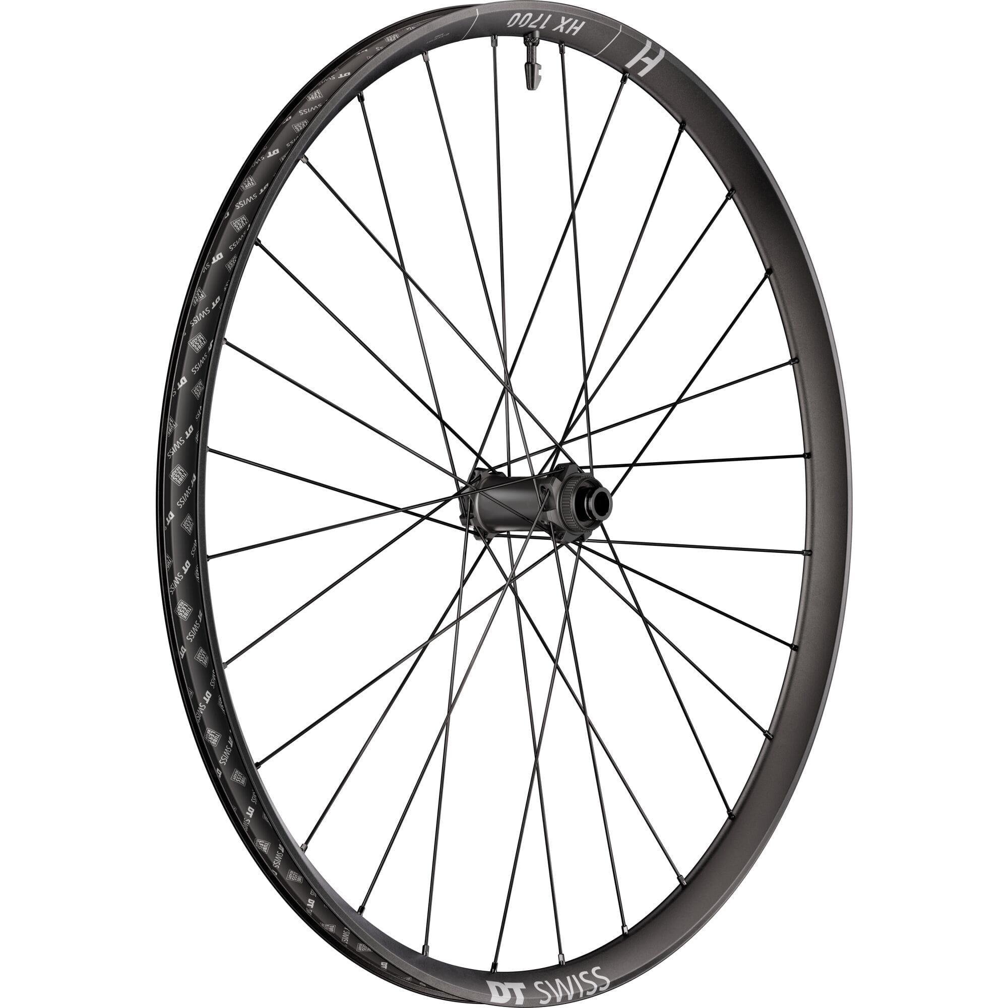 Front 29-inch DT Swiss HX 1700 wheel with 30mm rim and 15x110mm BOOST axle for mountain biking components.