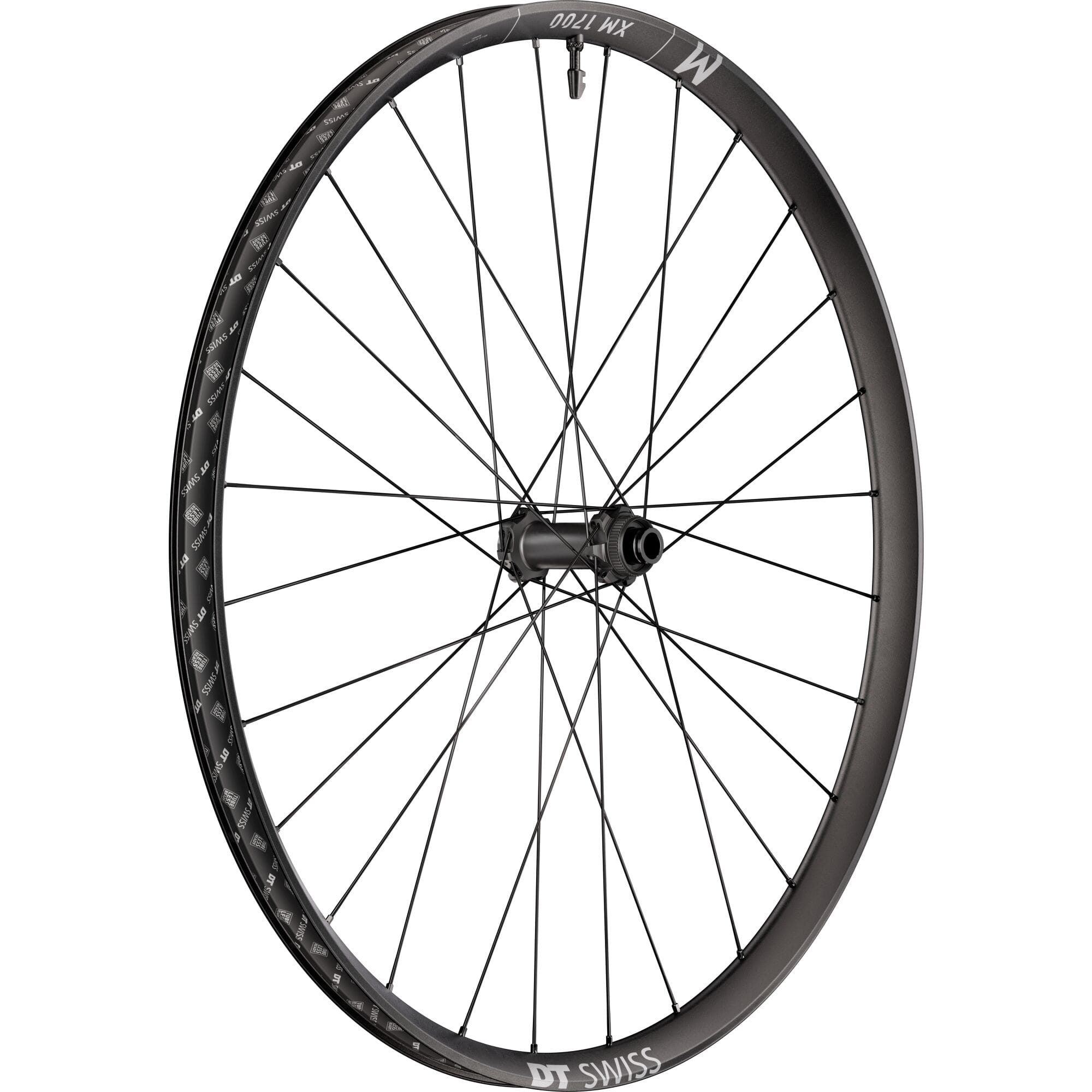 DT Swiss XM 1700 29-inch front mountain bike wheel with 30mm rim and 15x110mm BOOST axle, showing the wheel's tread and rim details.