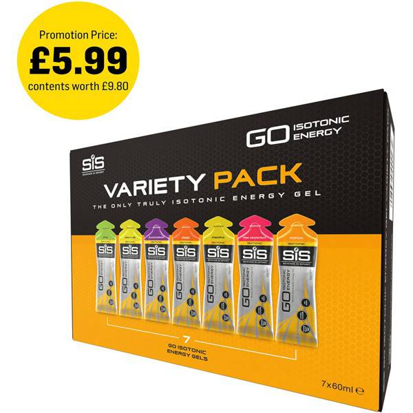 Science In Sport GO Isotonic Energy Gel variety pack with 7 mixed flavors, convenient sports nutrition accessories for active athletes.