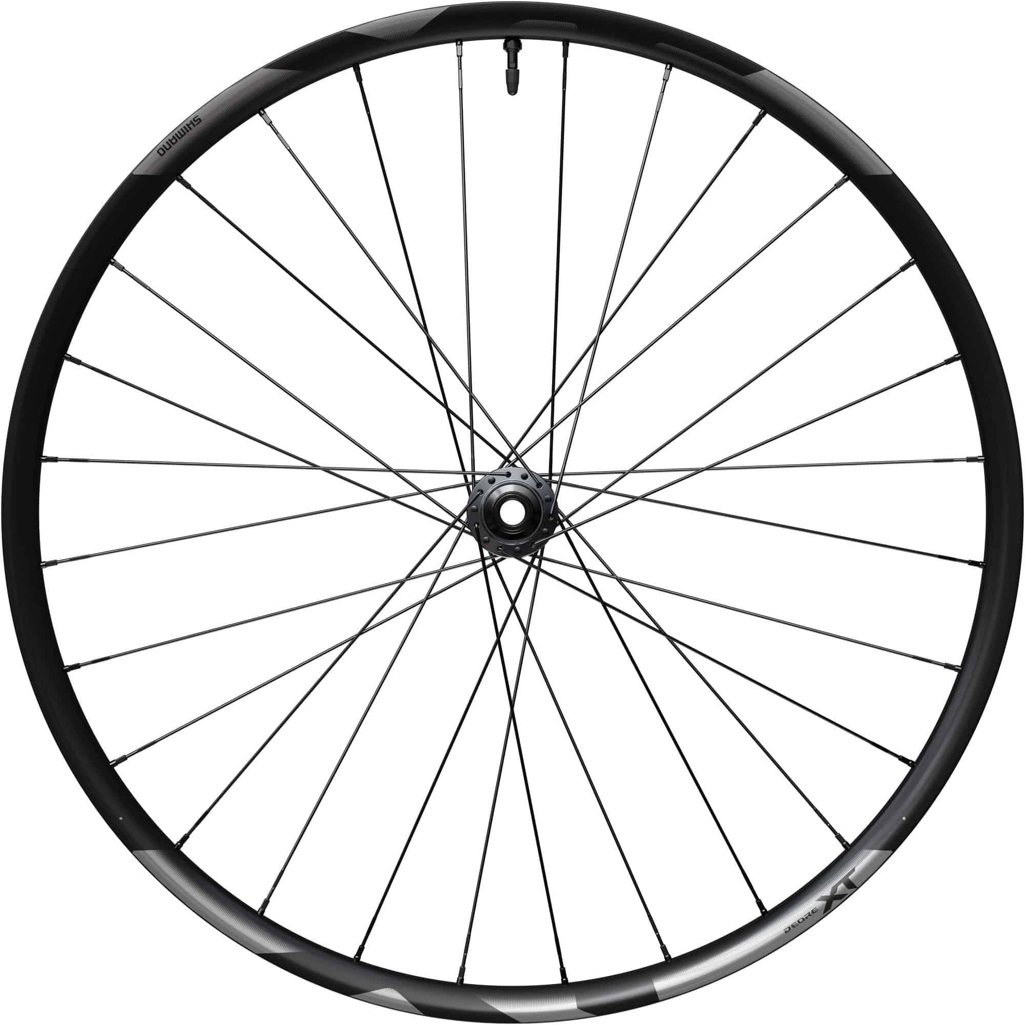 Shimano Deore XT M8200 27.5-inch front wheel with 15x110mm E-Thru axle and center lock disc for mountain bikes.