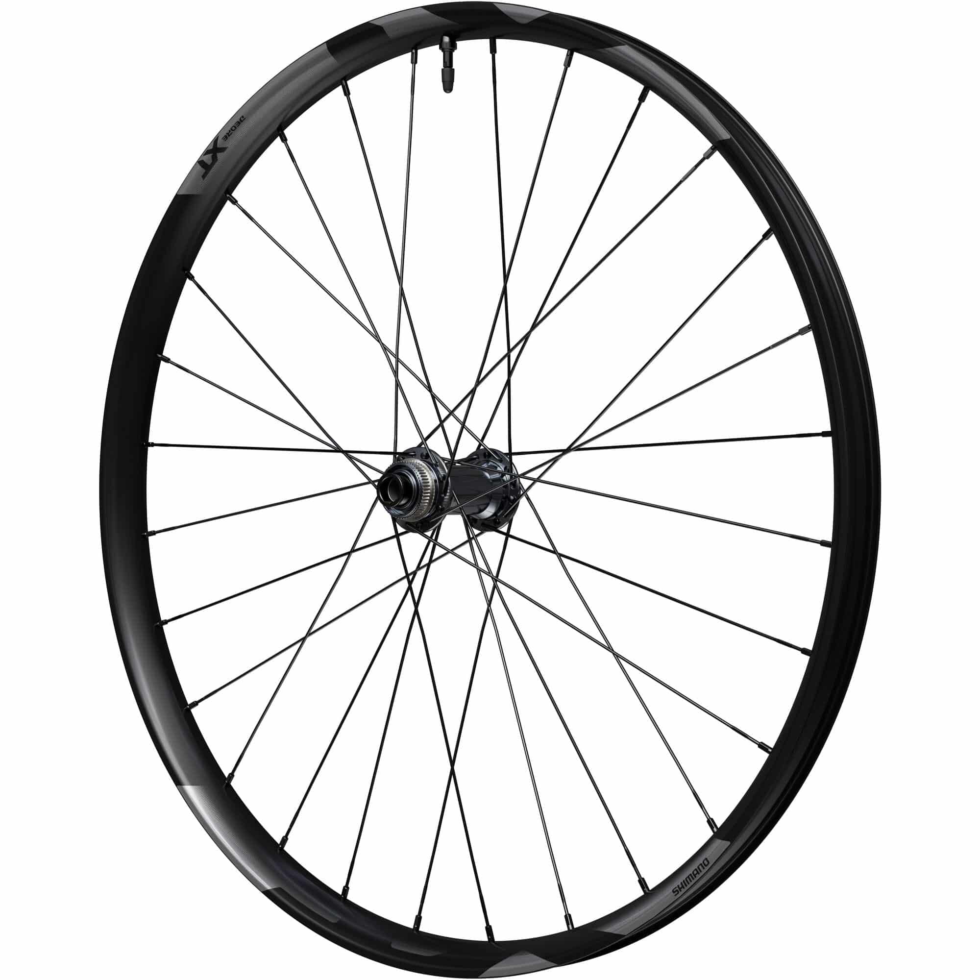 Shimano Deore XT M8200 27.5-inch front wheel with 15x110mm E-Thru axle and center lock disc brake mount.