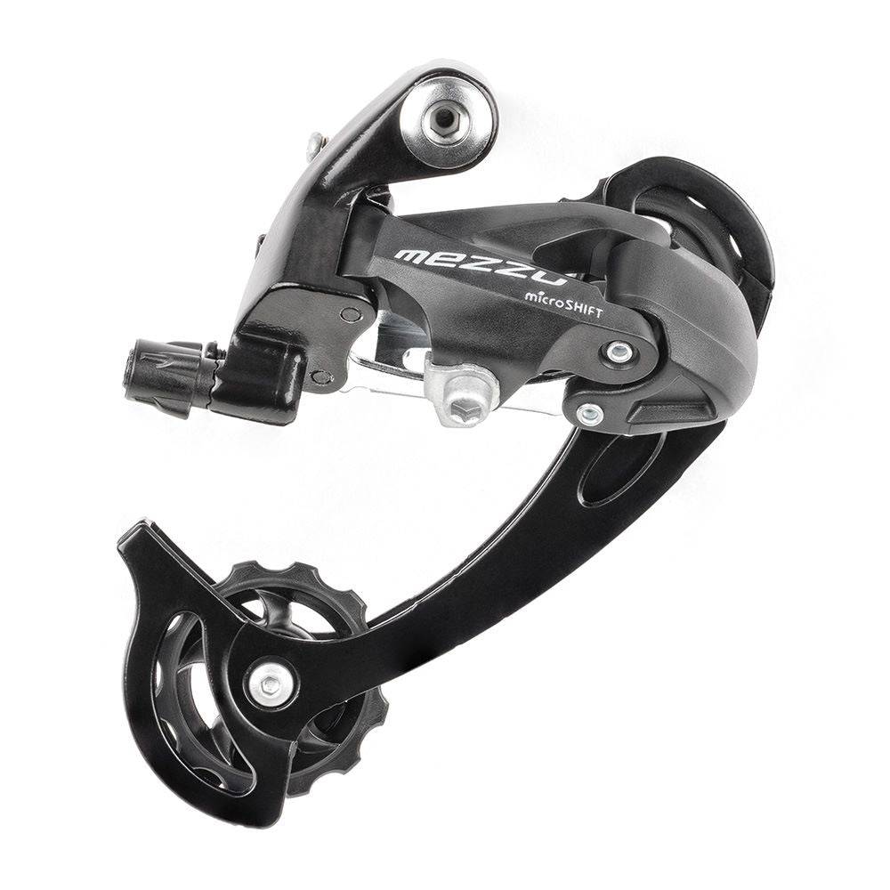 MicroSHIFT Mezzo 8/9 speed short cage rear derailleur for MTB and trekking bikes, showing the black component with mounting hardware.