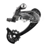 MicroSHIFT Mezzo 8/9 speed short cage rear derailleur for MTB and trekking bikes, showing the black component with mounting hardware.