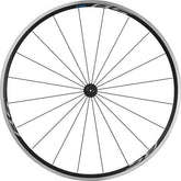 Shimano WH-RS100 front clincher road wheel with black finish and 100mm quick release axle, bicycle component for road bikes.