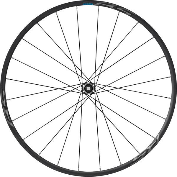 Shimano RS370 tubeless compatible road wheel with center lock disc rotor mount, showing the sleek rim and disc mounting area.