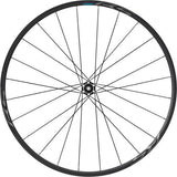 Shimano RS370 tubeless compatible road wheel with center lock disc rotor mount, showing the sleek rim and disc mounting area.
