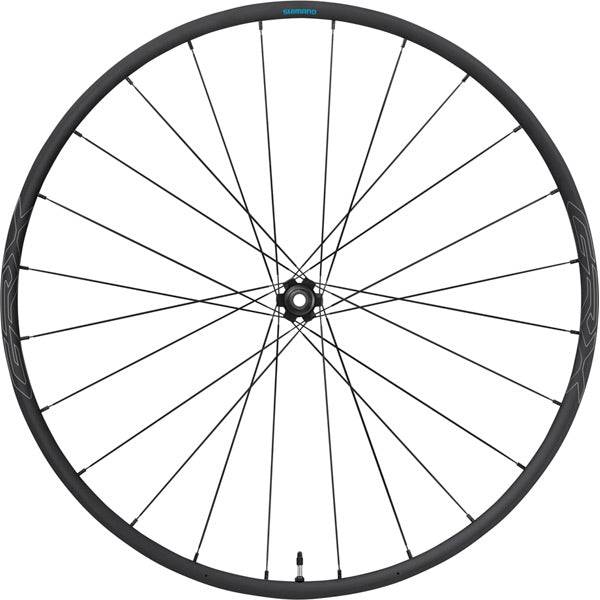 Shimano GRX WH-RX570 700C front wheel with 12x100mm E-thru axle, black disc brake compatible, for gravel bikes.