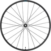 Shimano GRX WH-RX570 700C front wheel with 12x100mm E-thru axle, black disc brake compatible, for gravel bikes.