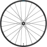 Shimano GRX WH-RX570 700C front wheel with 12x100mm E-thru axle, black disc brake compatible, for gravel bikes.