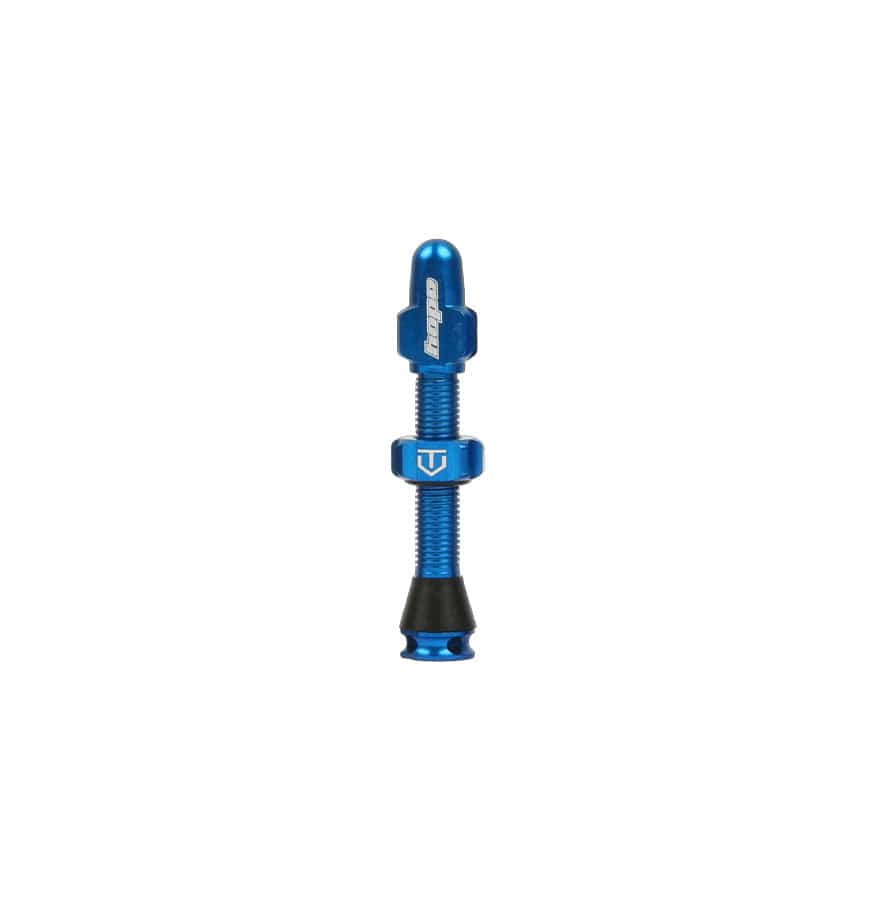Hope tubeless valve with single Presta valve core, removable for tubeless bicycle wheels, durable component for reliable sealing.