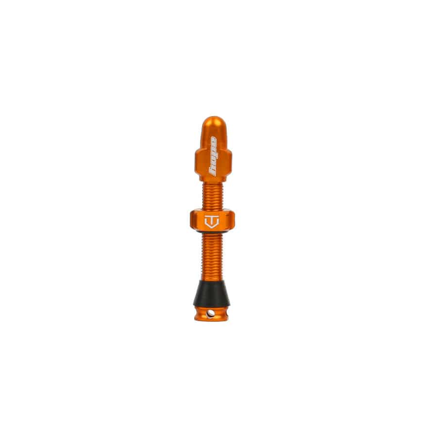 Hope tubeless valve with removable Presta core for tubeless wheels, durable metal component for bicycle wheel maintenance.