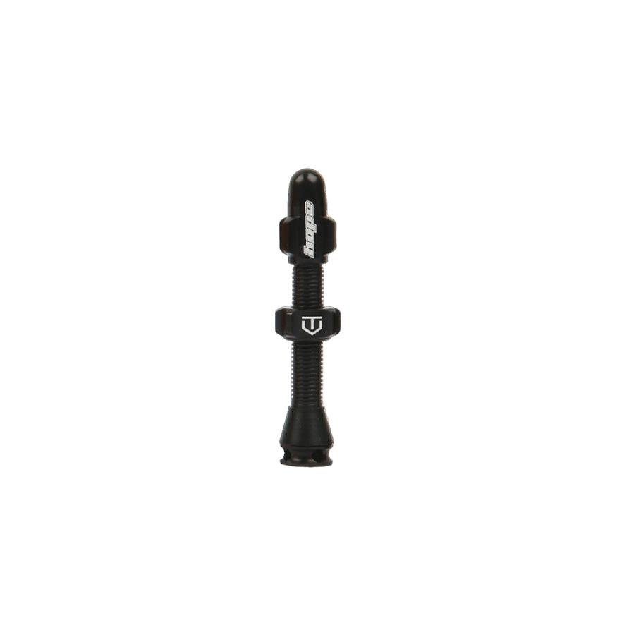 Hope tubeless valve with removable Presta core for tubeless wheel setup, showing the sleek metal component with threading.