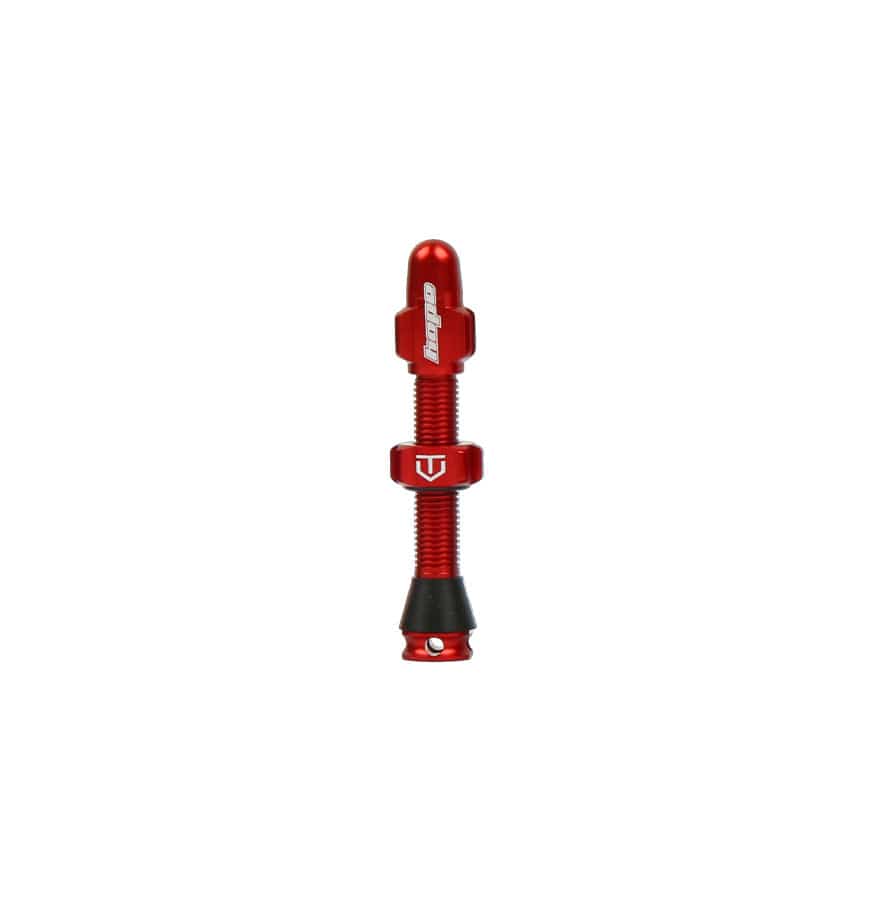 Hope tubeless valve with removable Presta core for tubeless wheels, durable metal component for bicycle wheel maintenance.