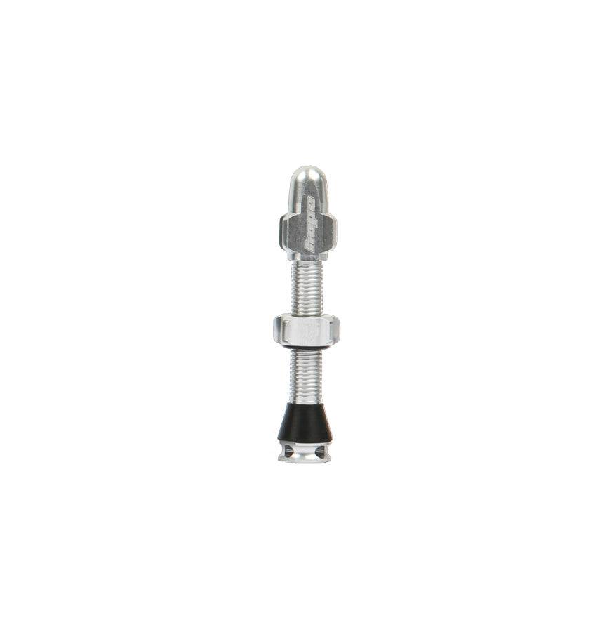 Hope tubeless valve with removable Presta valve core for tubeless wheels, durable component for bike maintenance and repair.