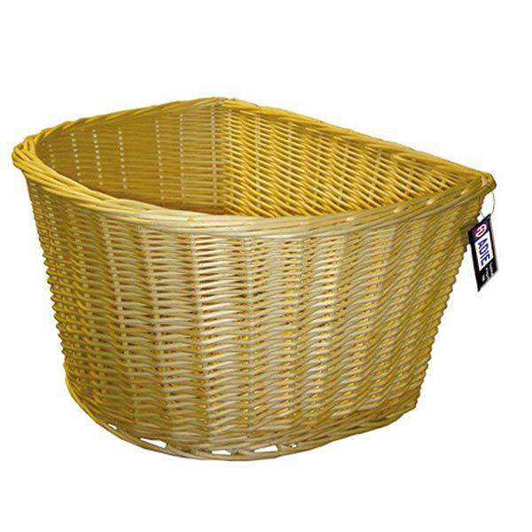 Passport brand handwoven wicker front mount bike basket with spacious panniers and accessories for bike touring and storage.