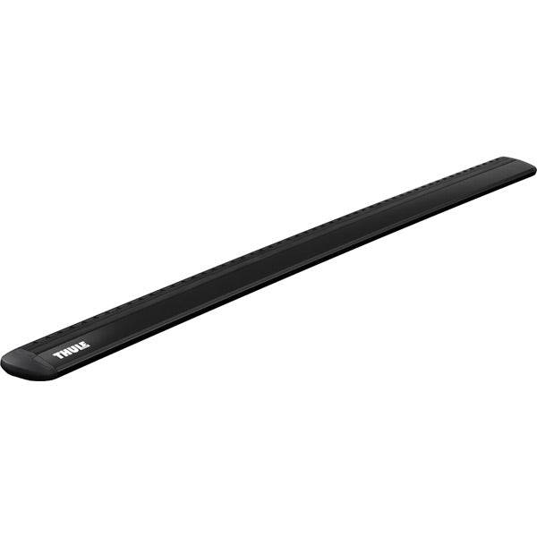 Black Thule Wing Bar Evo aluminium roof bar with aerodynamic mounts for vehicle roof rack installation.