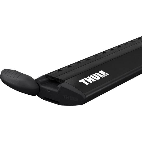 Black Thule Wing Bar Evo aluminum roof bar with aerodynamic mounts for vehicle roof rack accessories.