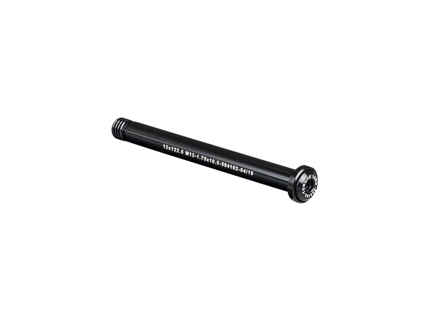 Black Bontrager Switch Lever Front Thru-Axle 122.5mm for bicycle front wheel, showing the lever and axle in detail.