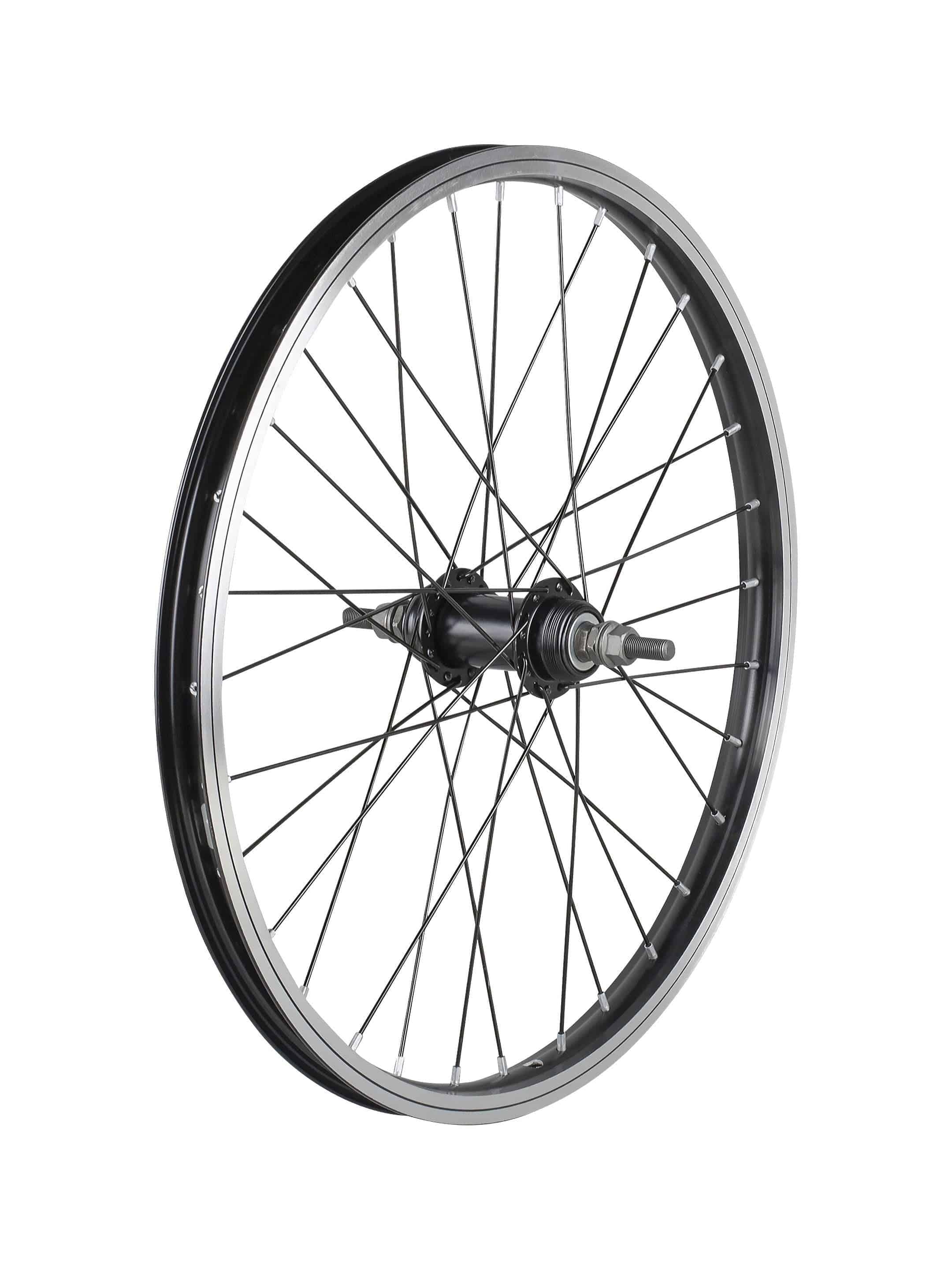 Trek Precaliber 20 MTB bike wheels, durable replacement upgrade components, with black rims and spokes on a white background