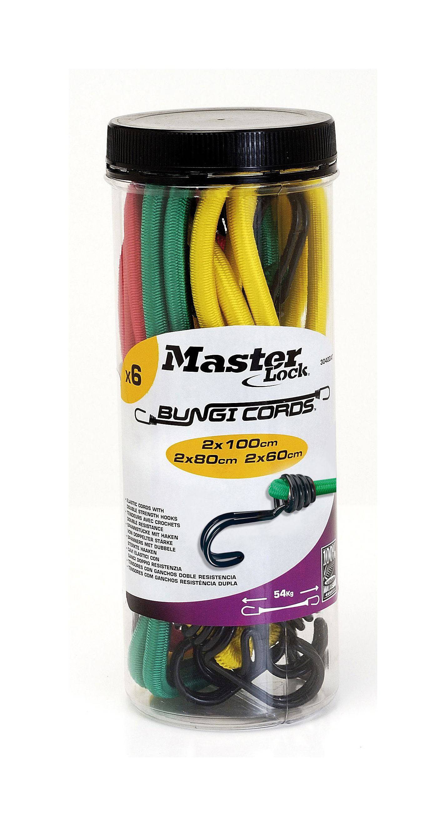 Six Master Lock twin wire bungee cords with plastic storage jar, durable accessories for securing items.
