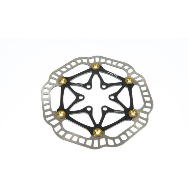 Aztec semi-floating rotors for hydraulic and mechanical disc brakes with 6-bolt hub, showing metal rotor with vented design.