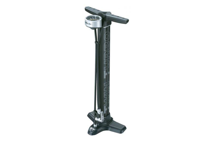 Topeak JoeBlow Twin Turbo floor pump with TurboBoost technology and SmartHead DX1 for efficient bicycle tire inflation