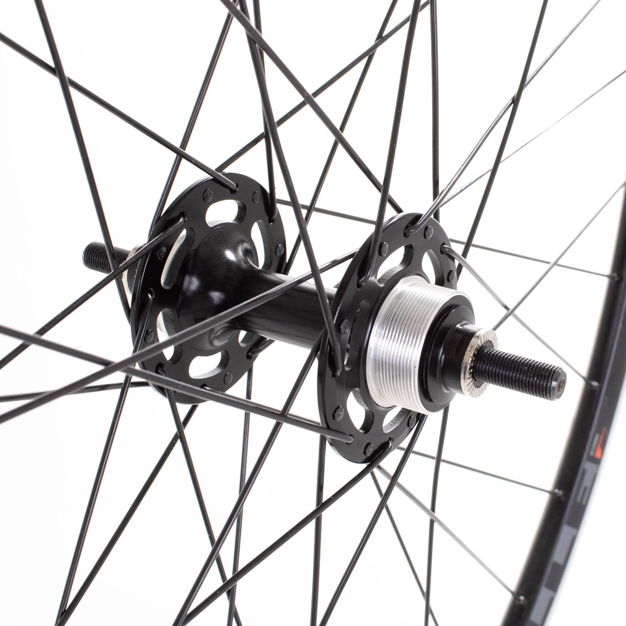 Black M Part Wheels rear track wheel with 700c size and 16-tooth sprocket, designed for road and track cycling components.