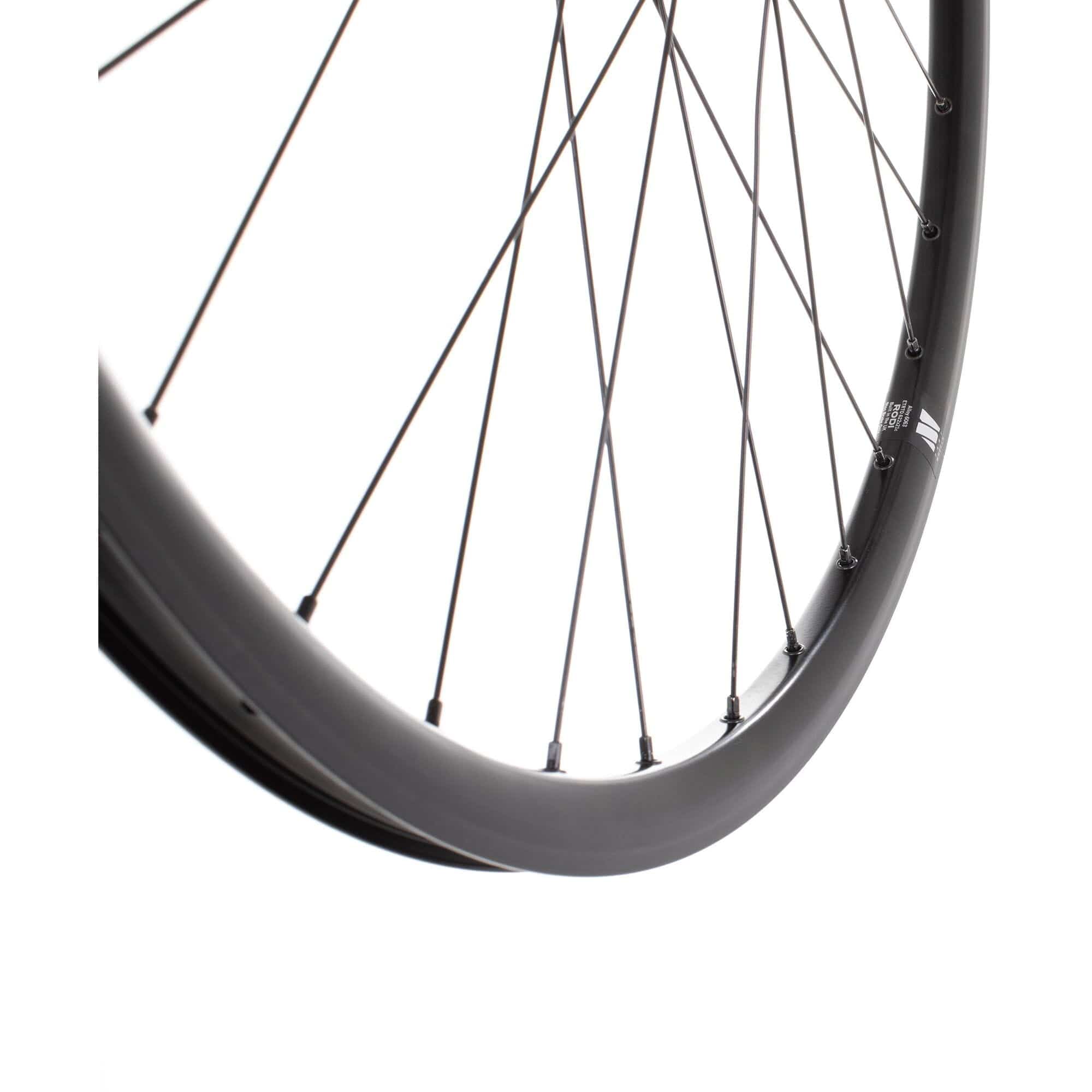 Black M Part Wheels 700c road front wheel with Shimano Tiagra CL hub and Cyclone rim, featuring 12x100mm axle.