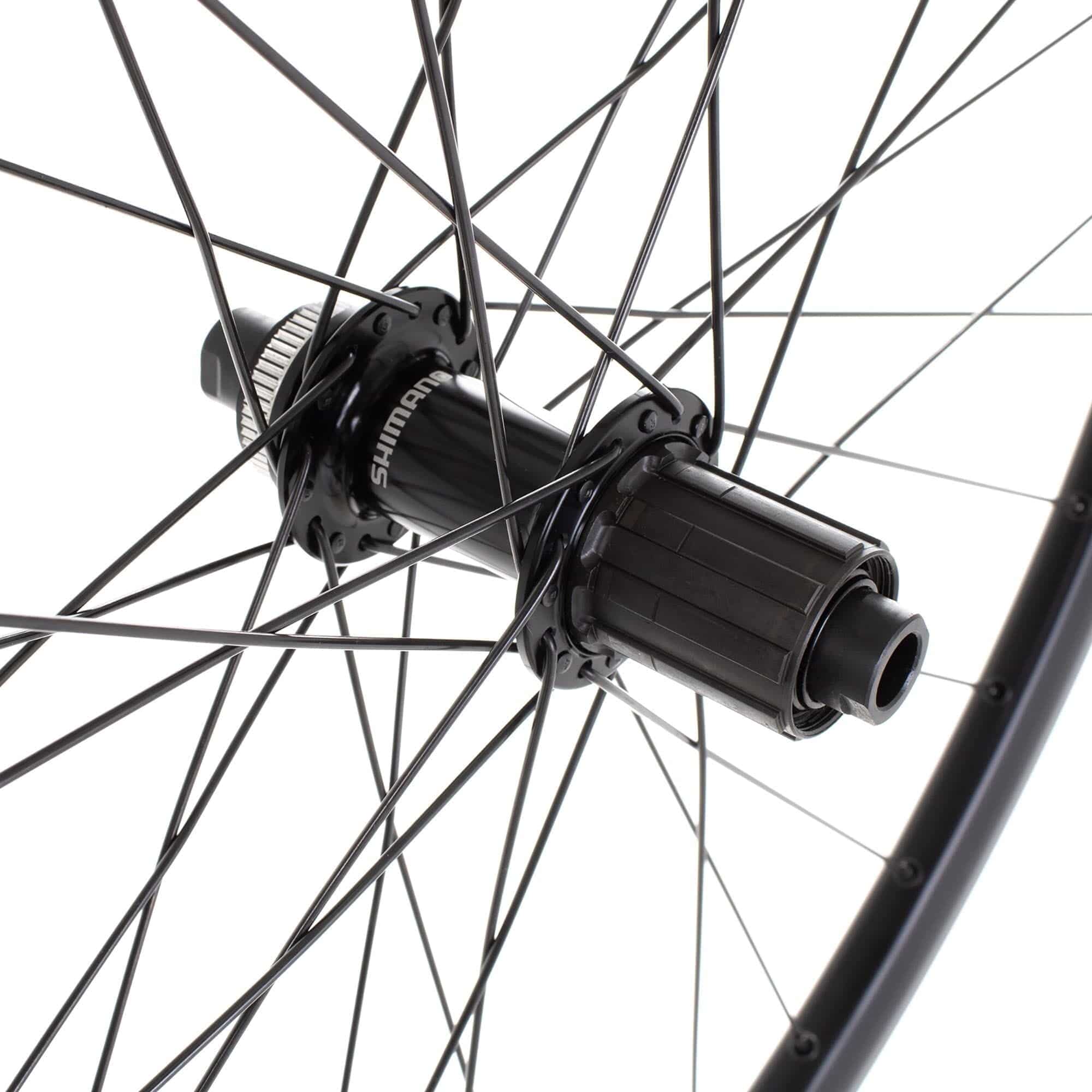 Black M Part Wheels Road Rear Wheel with Shimano Tiagra CL hub, 700c Cyclone rim, 142x12mm axle, suitable for cycling components.