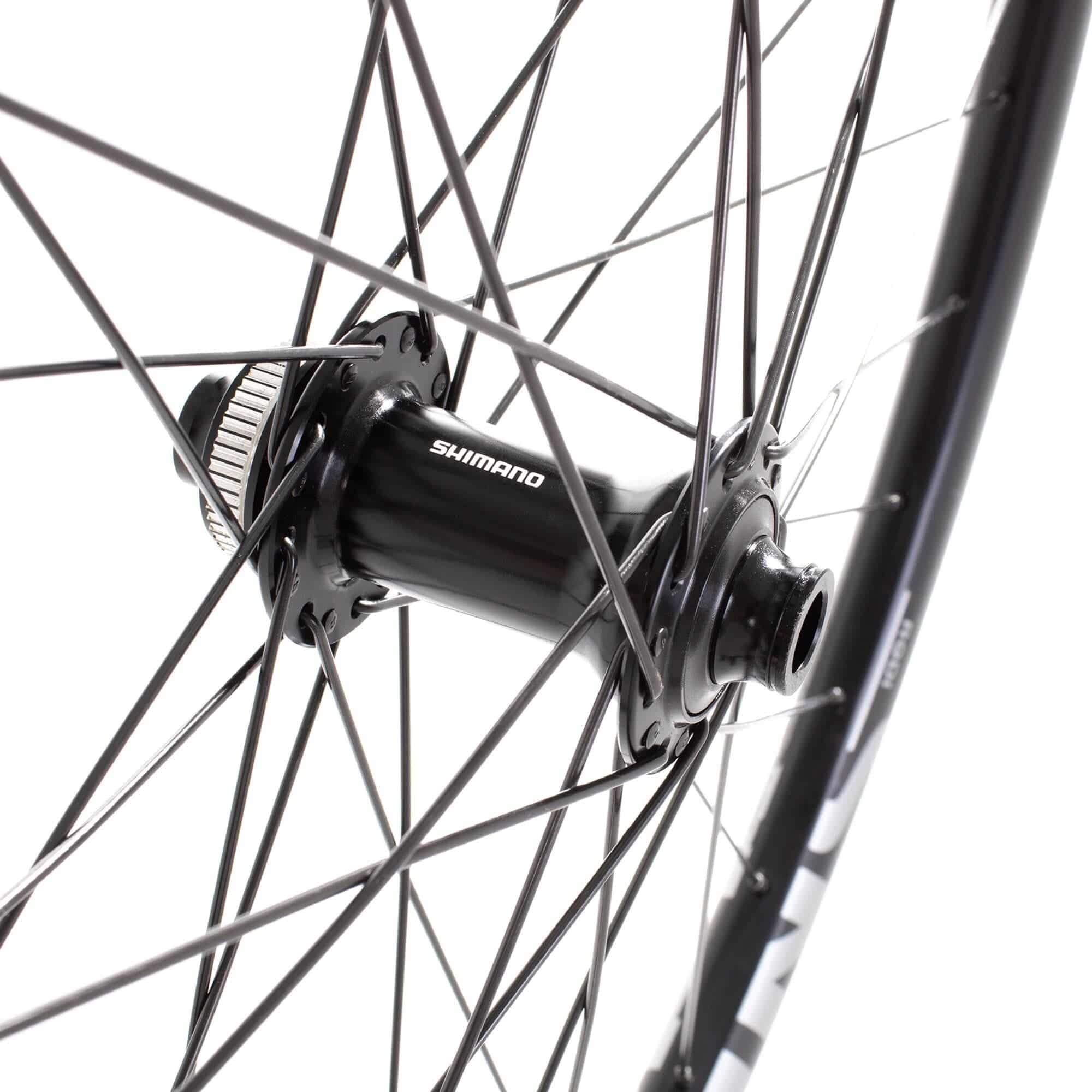 Black M Part Wheels gravel front wheel with 700c size, Shimano TC500 hub, 100x12 TA Sniper rim for cycling components.