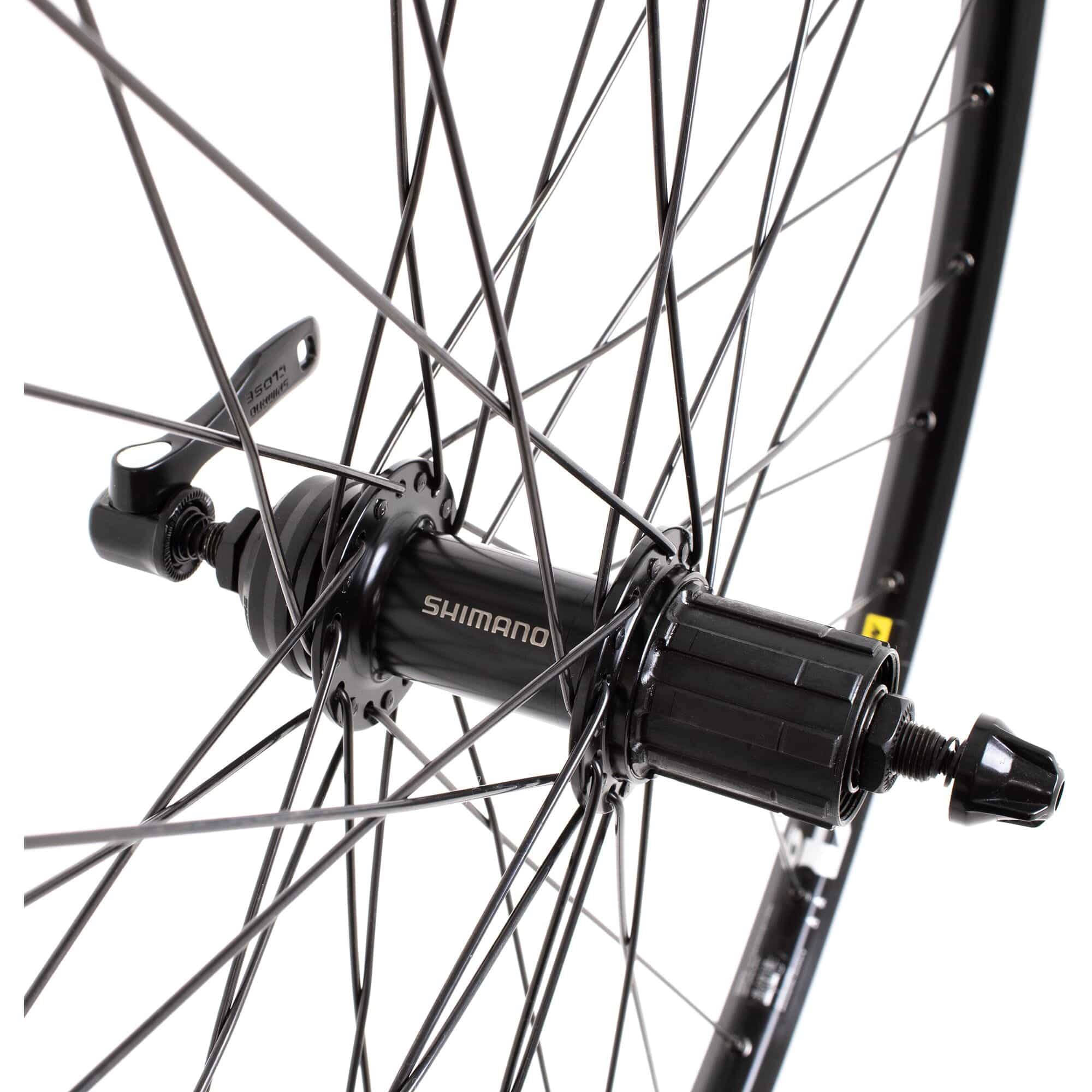 M Part Wheels hybrid touring rear disc wheel with Shimano QC400 hub and Mavic A319 rim, 700C size, quick-release axle.