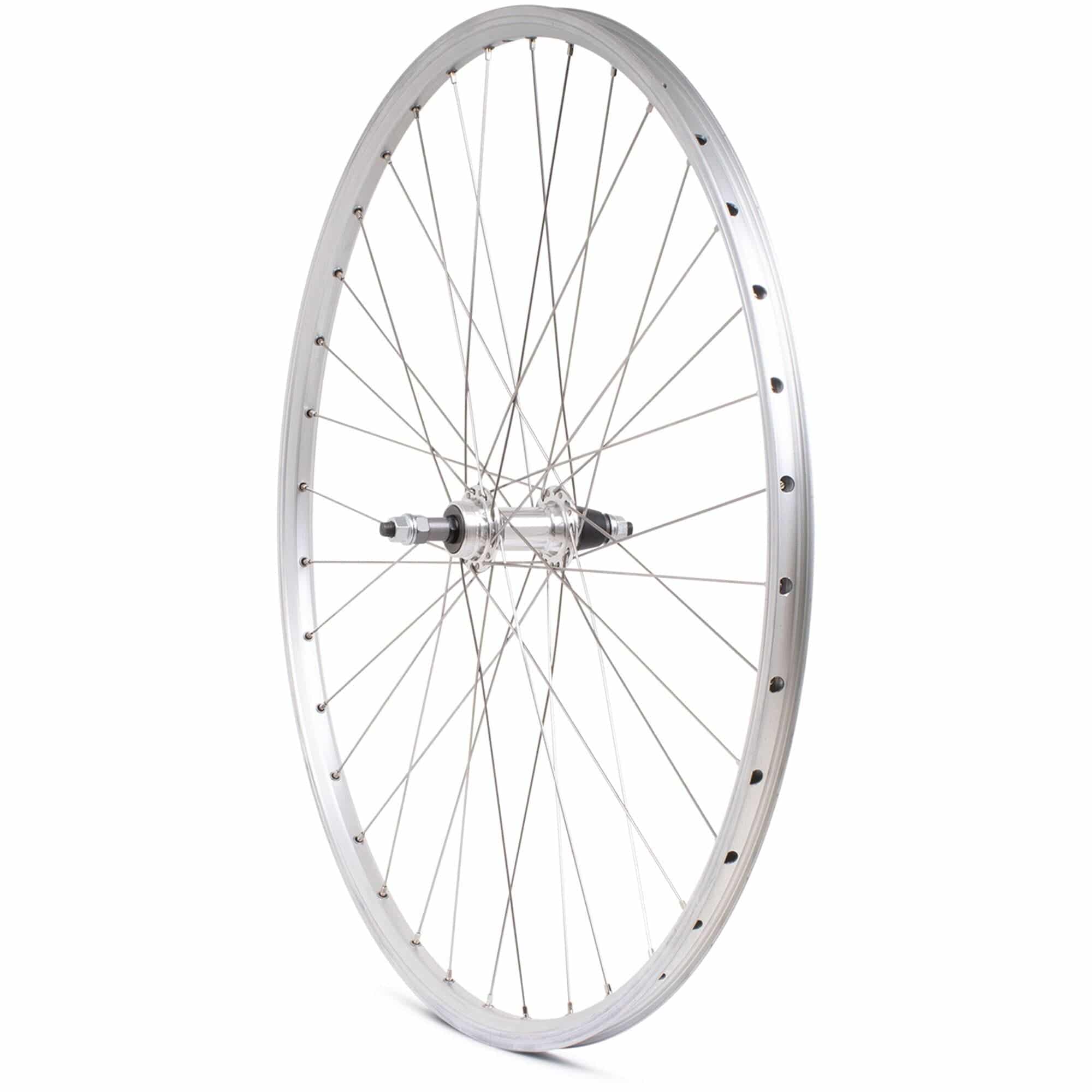 Silver M Part Wheels hybrid rear 700c screw-on wheel with solid axle, compatible with 6/7 speed bikes, showing the wheel and hub.