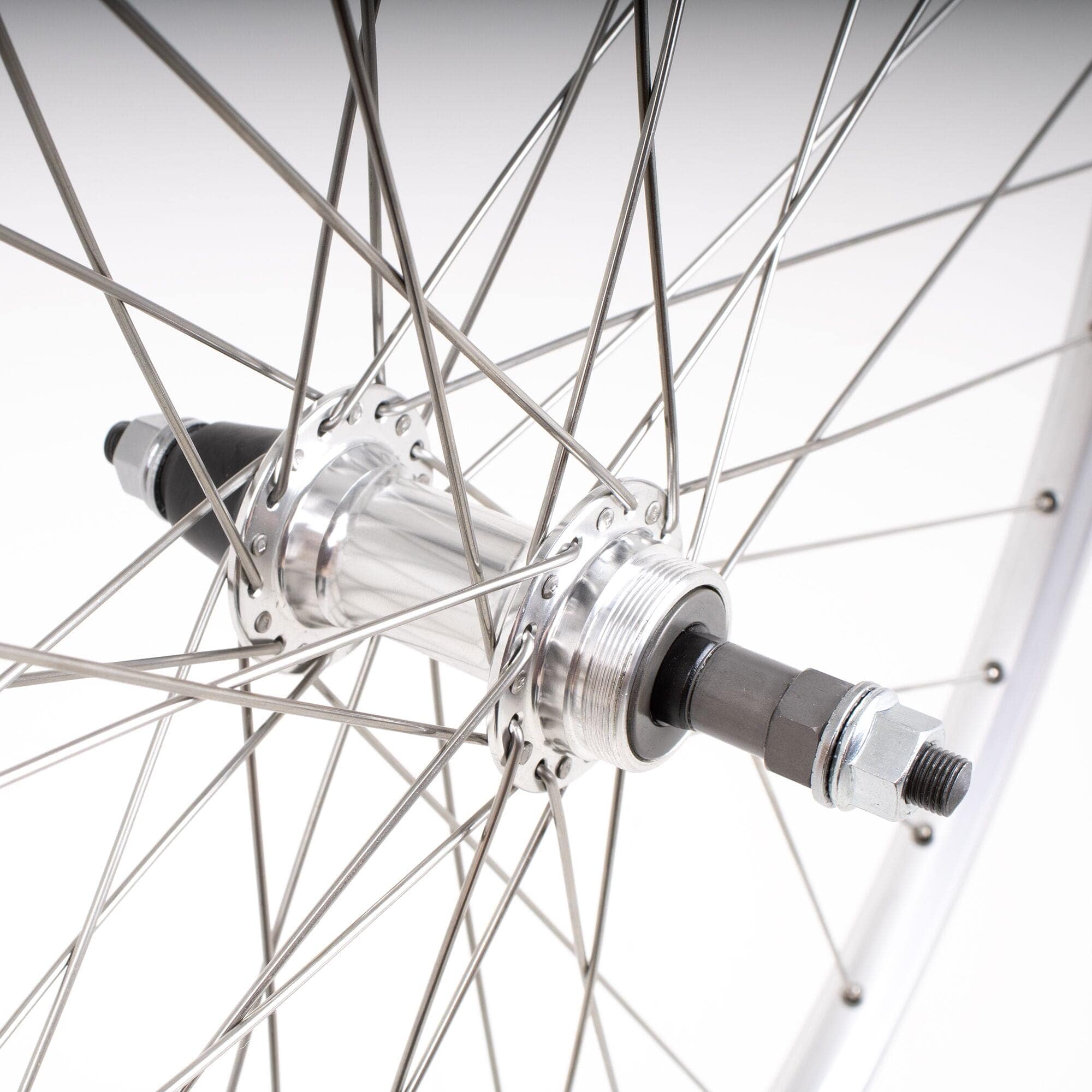 Silver M Part Wheels hybrid rear 700c solid axle screw-on wheel for 6/7 speed bikes, shown from the side with visible axle and wheel details.