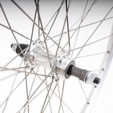Silver M Part Wheels hybrid rear 700c solid axle screw-on wheel for 6/7 speed bikes, shown from the side with visible axle and wheel details.