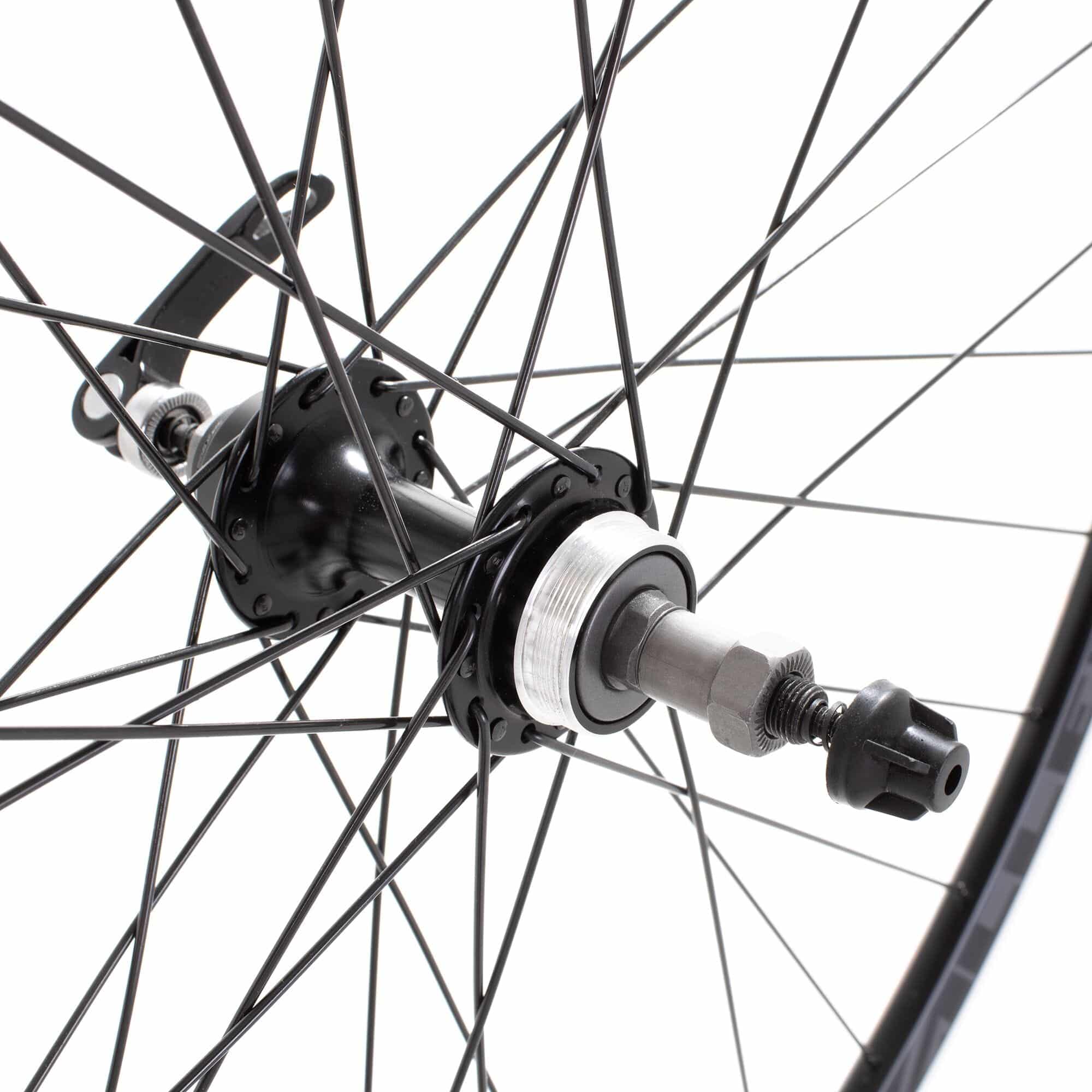 Black M Part Wheels 700c road rear quick release wheel with rim brakes, showcasing the screw-on design and component details.