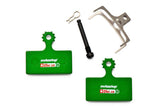 SwissStop Disc 28 brake pads for Shimano MTB XTR, XT M8000, green compound, close-up of the brake pad components