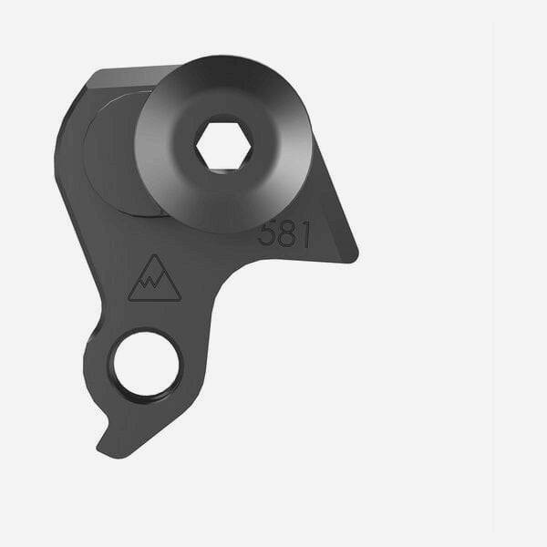 Wheels Manufacturing derailleur hanger dropout 581 for precise shifting on bicycle components, mounted on a bike frame.