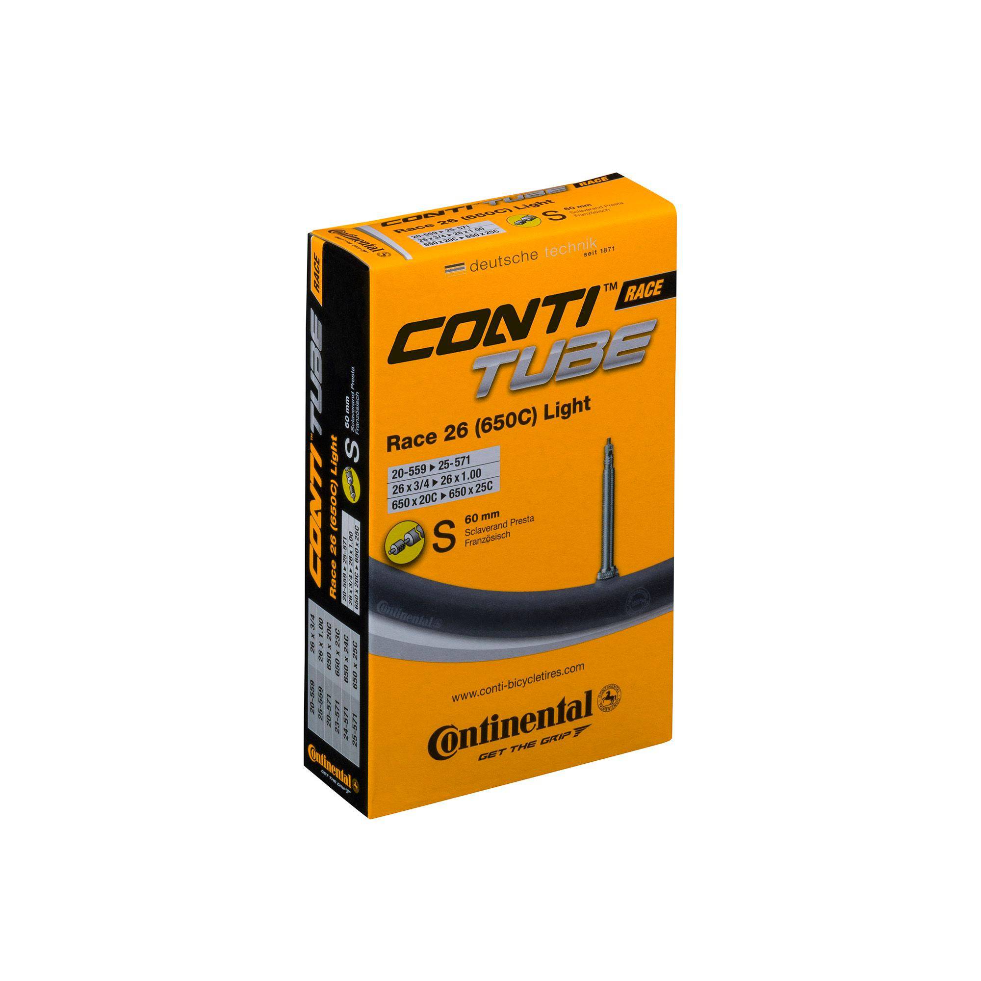 Black Continental Race Tube 700x20-25C road bike tube with Presta valve 60mm, suitable for high-performance cycling.