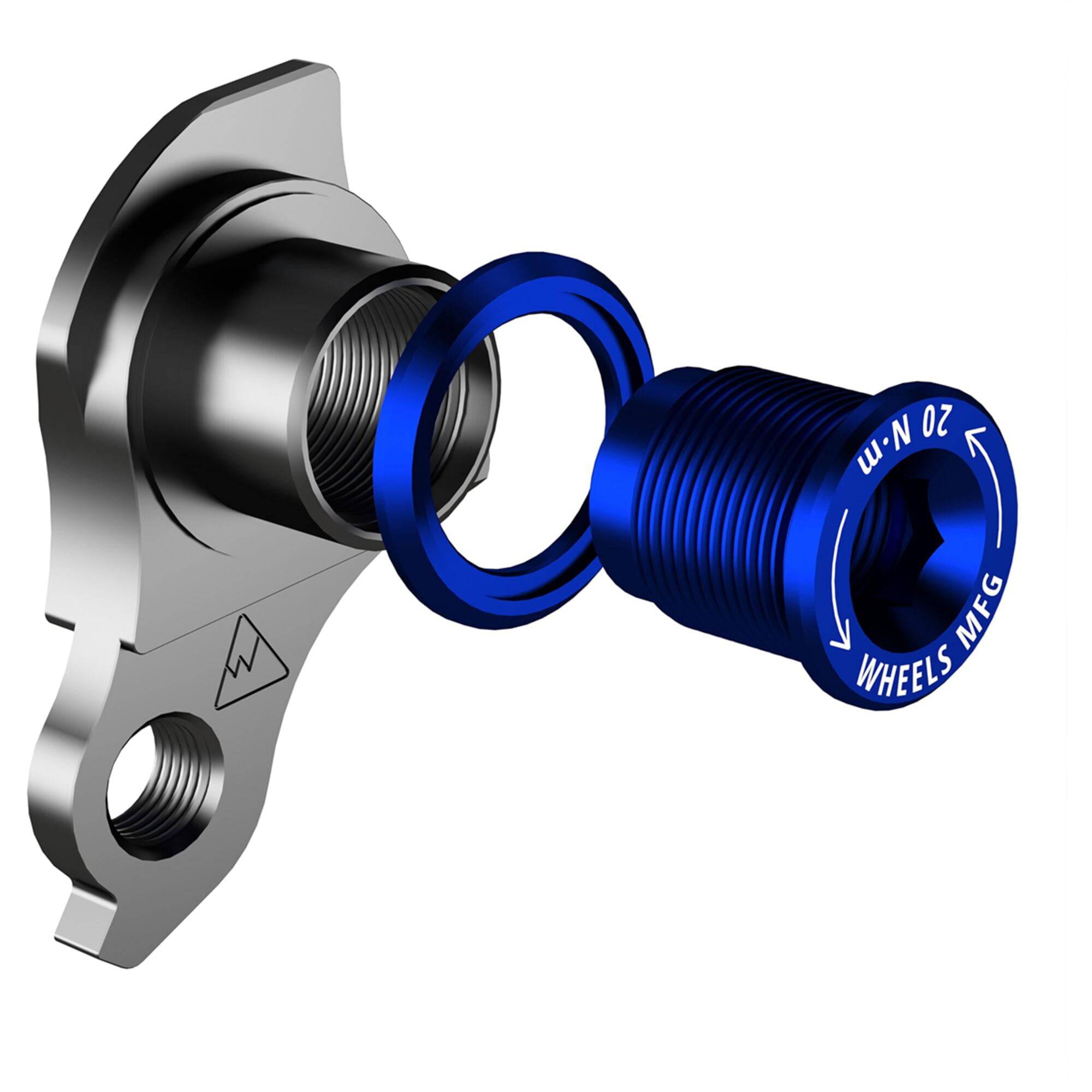 Wheels Manufacturing blue replaceable derailleur hanger 4046 bolt for MTB and eMTB bike components.