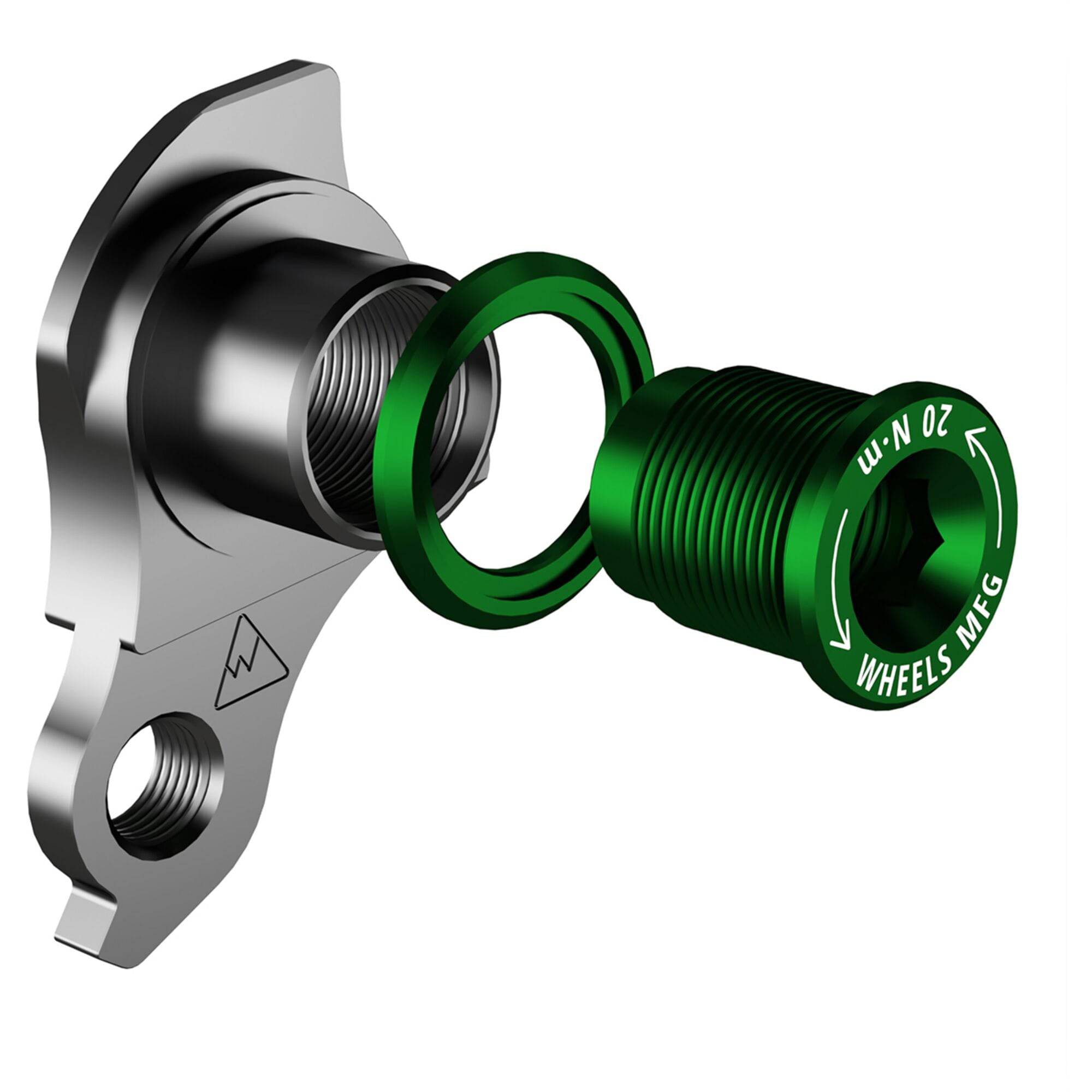 Wheels Manufacturing replaceable derailleur hanger 4049 in green with bolt, compatible with SRAM UDH mountain bike components.